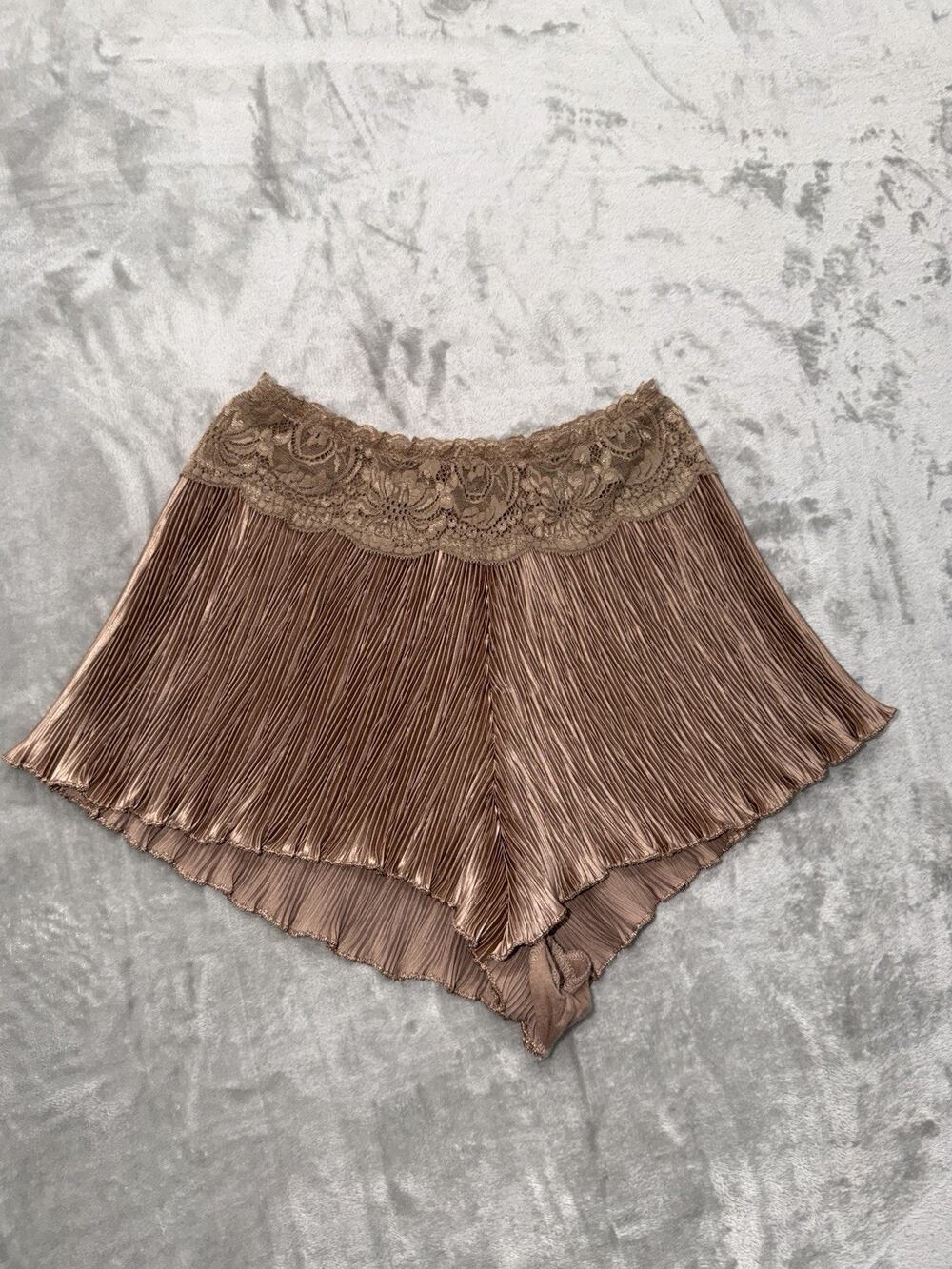 Vintage 90s St Michael Pleated Tap Shorts Lace Bronze Satin Lingerie Small